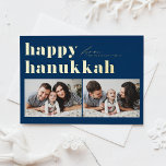 Blauwe Retro Typografie Happy Chanoeka Twee Foto Folie Feestdagenkaart<br><div class="desc">Fijne Chanoeka! Stuur je Chanoeka groeten naar familie en vrienden met deze aanpasbare foto Chanoeka kaart. Het is een retro-gedurfde typografie. Personaliseer door uw gegevens toe te voegen. Deze aangepaste Chanoeka kaart is beschikbaar op andere kleuren en cardstock. Overeenkomende objecten zijn beschikbaar.</div>
