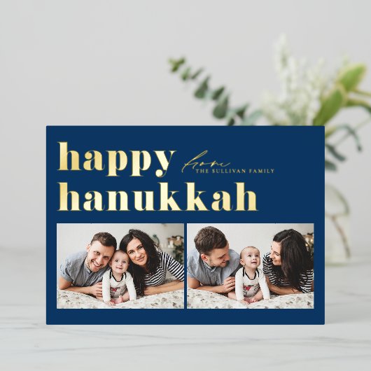 Blauwe Retro Typografie Happy Chanoeka Twee Foto Folie Feestdagenkaart (Staand Voorkant)