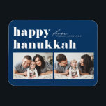 Blauwe Retro Typografie Happy Chanoeka Twee Foto Magneet<br><div class="desc">Fijne Chanoeka! Vier het vreugdevolle Lichtfestival met onze aanpasbare foto Hanukkah magneet! Met deze feestelijke magneet kunt u uw favoriete herinneringen laten zien terwijl u een persoonlijk tintje aan uw vakantiedecor toevoegt. Het is een retro-gedurfde typografie. Personaliseer door uw gegevens toe te voegen. Een ideaal cadeau voor familie en vrienden,...</div>