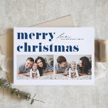 Blauwe Retro Typografie Vrolijk Kerstfeest Twee Fo Feestdagen Kaart<br><div class="desc">vrolijk kerstfeest! Stuur uw kerstgroeten naar familie en vrienden met deze aanpasbare kerstkaart. Het is een retro-gedurfde typografie. Personaliseer door uw gegevens toe te voegen. Deze kerstkaart is beschikbaar op andere kaarten. Overeenkomende objecten zijn beschikbaar.</div>