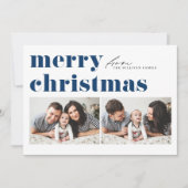 Blauwe Retro Typografie Vrolijk Kerstfeest Twee Fo Feestdagenkaart (Voorkant)