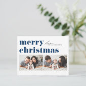 Blauwe Retro Typografie Vrolijk Kerstfeest Twee Fo Feestdagenkaart (Staand voorkant)