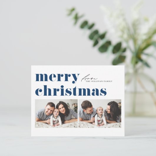 Blauwe Retro Typografie Vrolijk Kerstfeest Twee Fo Feestdagenkaart (Staand voorkant)