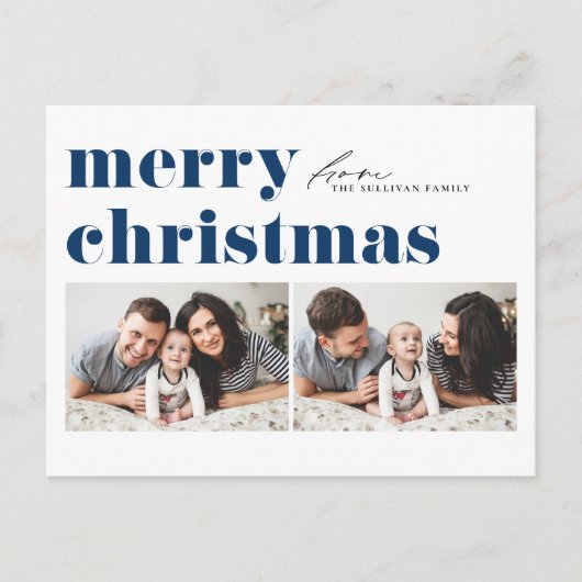 Blauwe Retro Typografie Vrolijk Kerstfeest Twee Fo Feestdagenkaart (Voorkant)