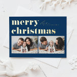Blauwe Retro Typografie Vrolijk Kerstfeest Twee Fo Folie Feestdagen Briefkaart<br><div class="desc">vrolijk kerstfeest! Stuur uw kerstgroeten naar familie en vrienden met deze aanpasbare foto Christmas briefkaart. Het is een retro-gedurfde typografie. Personaliseer door uw gegevens toe te voegen. Dit gouden folie kerst briefkaart is verkrijgbaar op andere karton. Overeenkomende objecten zijn beschikbaar.</div>