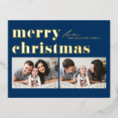 Blauwe Retro Typografie Vrolijk Kerstfeest Twee Fo Folie Feestdagen Briefkaart (Voorkant)