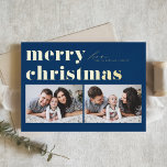Blauwe Retro Typografie Vrolijk Kerstfeest Twee Fo Folie Feestdagenkaart<br><div class="desc">vrolijk kerstfeest! Stuur uw kerstgroeten naar familie en vrienden met deze aanpasbare kerstkaart. Het is een retro-gedurfde typografie. Personaliseer door uw gegevens toe te voegen. Deze gouden folie kerstkaart is verkrijgbaar op andere karton. Overeenkomende objecten zijn beschikbaar.</div>