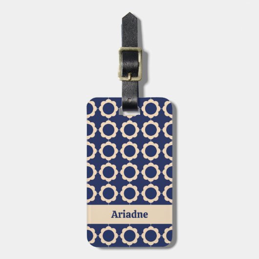 Blauwe Retro Vibe Bloempatroon Monogram Bagagelabel (Voorkant verticaal)