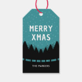 Blauwe retro Vrolijke Kerstmis met pijnbomen en sn Cadeaulabel (Voorkant)