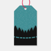 Blauwe retro Vrolijke Kerstmis met pijnbomen en sn Cadeaulabel (Achterkant)