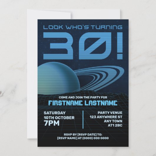 Blauwe Retrowave 30e Verjaardagsfeestuitnodiging Kaart (Voorkant)