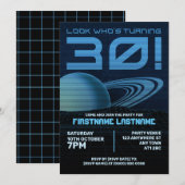 Blauwe Retrowave 30e Verjaardagsfeestuitnodiging Kaart (Voorkant / Achterkant)