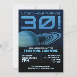 Blauwe Retrowave 30e Verjaardagsfeestuitnodiging Kaart