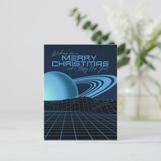 Blauwe Retrowave Kerstmis Briefkaart (Staand voorkant)