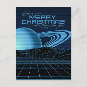 Blauwe Retrowave Kerstmis Briefkaart