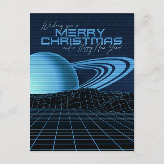 Blauwe Retrowave Kerstmis Briefkaart (Voorkant)