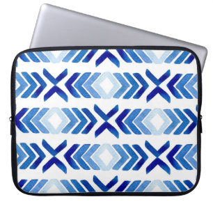 Blauwe Rhombus pijlen Waterverf Patroon Laptop Sleeve