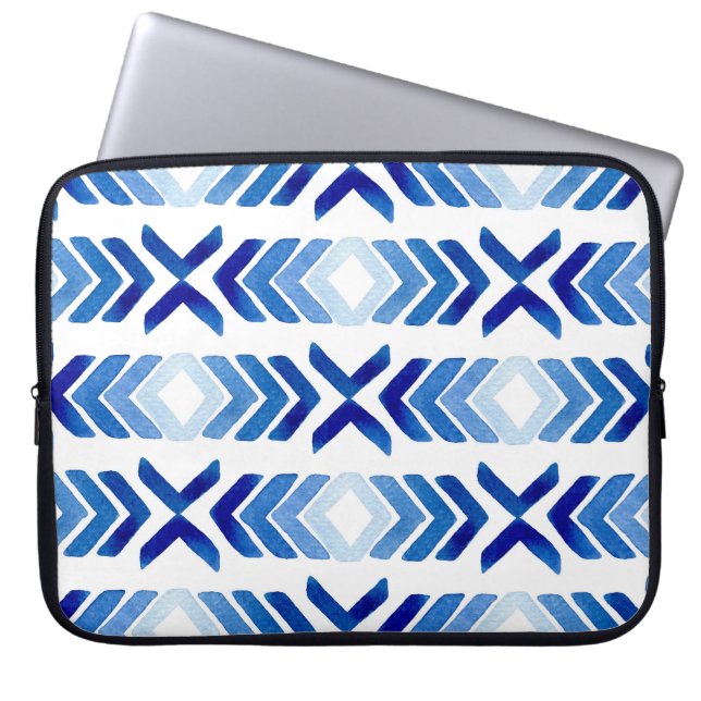 Blauwe Rhombus pijlen Waterverf Patroon Laptop Sleeve (Voorkant)