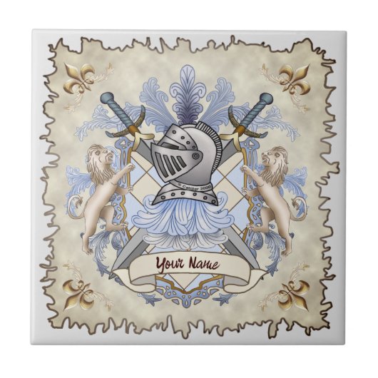 Blauwe Ridder Familie Crest Achternaam Tegeltje (Voorkant)