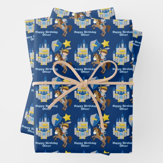 Blauwe Ridder in Shining Armor Kids Verjaardagsfee Inpakpapier Vel (In situ)