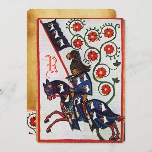 BLAUWE RIDDER PAARD MIDDELEEUWS PERKAMENT Monogram Aankondiging (Voorkant / Achterkant)