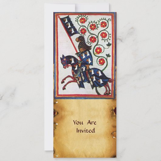 BLAUWE RIDDER TE PAARD MIDDELEEUWS PERKAMENT KAART (Voorkant)