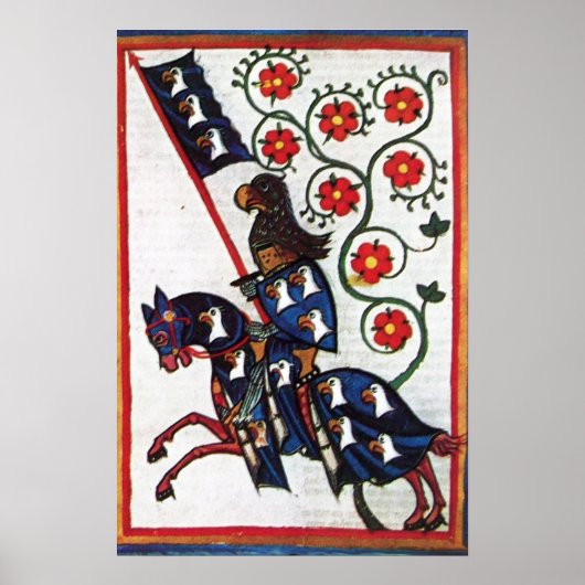BLAUWE RIDDER TE PAARD Middeleeuwse Miniatuur Poster (Voorkant)