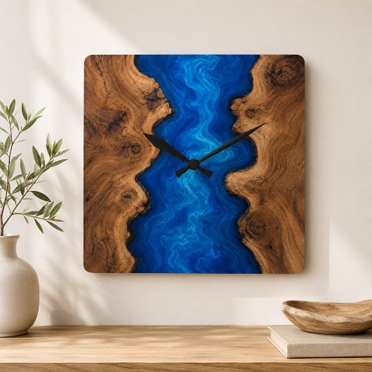 Blauwe Rivier Hars Look Nep Hout Vierkante Klok