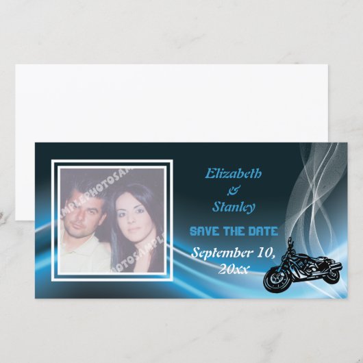 Blauwe road biker bruiloft Save the Date fotokaart (Voorkant / Achterkant)