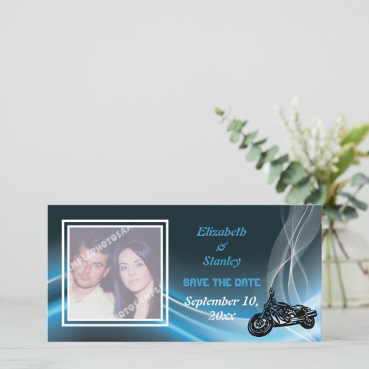 Blauwe road biker bruiloft Save the Date fotokaart (Staand voorkant)