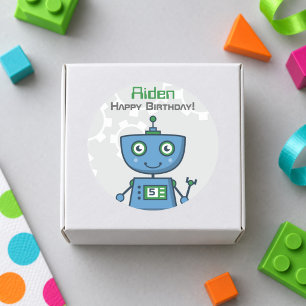 Blauwe Robot Jongens Gelukkige Verjaardag Ronde Sticker