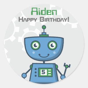 Blauwe Robot Jongens Gelukkige Verjaardag Ronde Sticker