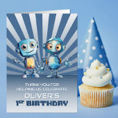 Blauwe Robot Thema 1e Verjaardag Dank u Bedankkaart