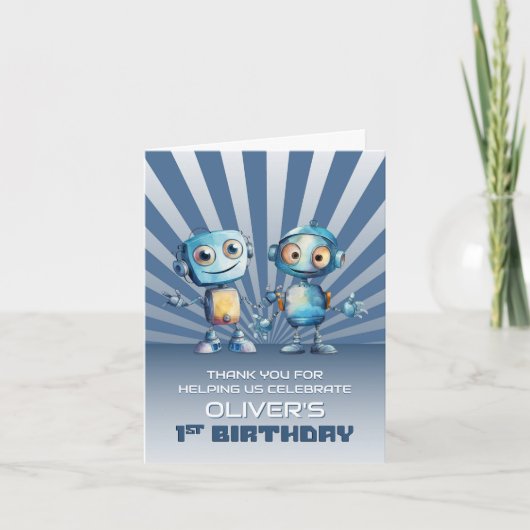 Blauwe Robot Thema 1e Verjaardag Dank u Bedankkaart (Voorkant)