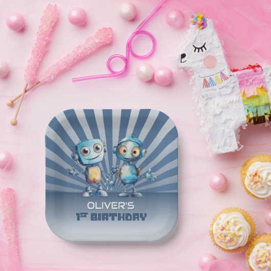 Blauwe Robot Thema 1e Verjaardagsfeest Papieren Bordje (Feest)