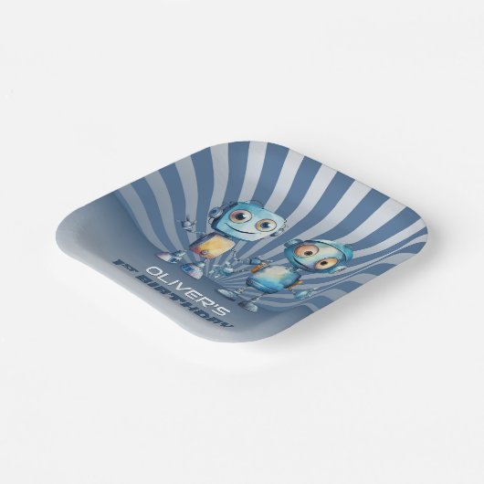 Blauwe Robot Thema 1e Verjaardagsfeest Papieren Bordje (Gebogen)