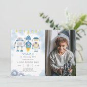 Blauwe Robot Verjaardagsuitnodiging met foto Kaart (Staand voorkant)