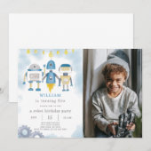 Blauwe Robot Verjaardagsuitnodiging met foto Kaart (Voorkant / Achterkant)