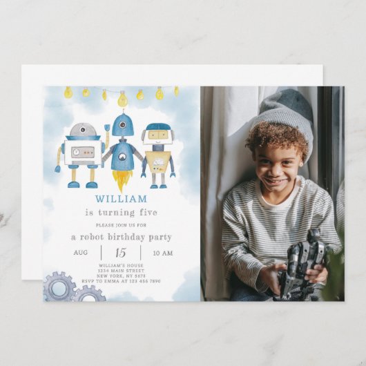 Blauwe Robot Verjaardagsuitnodiging met foto Kaart (Voorkant / Achterkant)