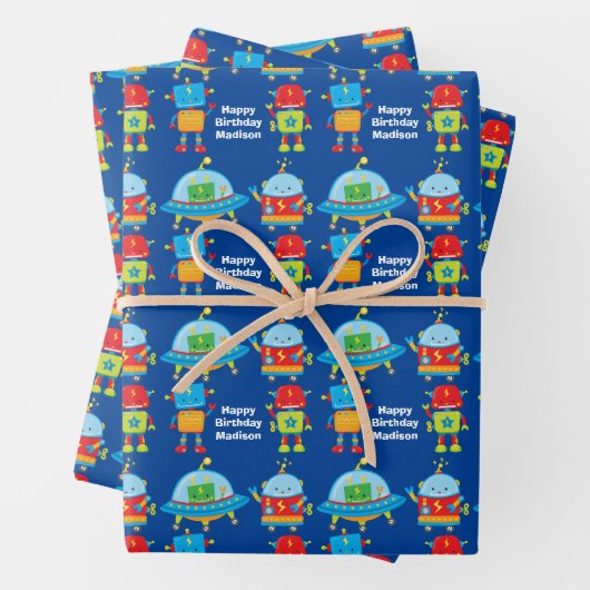 Blauwe Robots Cool Custom Kids Verjaardagsfeest Inpakpapier Vel (In situ)