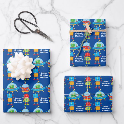 Blauwe Robots Cool Custom Kids Verjaardagsfeest Inpakpapier Vel (Voorkant)