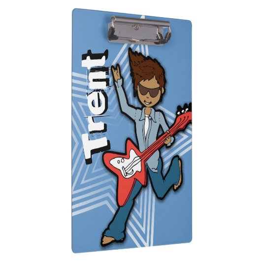 Blauwe rockstar gitaarjongen voegt jouw naam klemb klembord (Rechts)