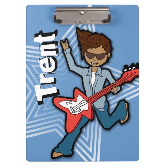 Blauwe rockstar gitaarjongen voegt jouw naam klemb klembord (Voorkant)