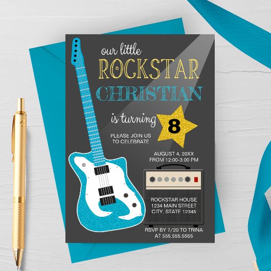 Blauwe Rockstar Verjaardagsfeestje Kaart