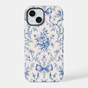 Blauwe Rococo Roos Lint Toile Hoesje iPhone 15 Case