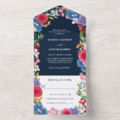 Blauwe rode bloemen marinevlek all in one uitnodiging (Binnen)