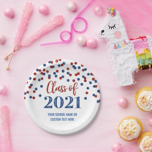 Blauwe Rode Confetti Afstuderen 2021 Papieren Bordje (Feest)