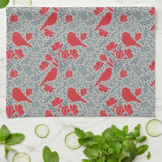Blauwe & Rode Ditzy Bloemvogels Theedoek (Gevouwen)