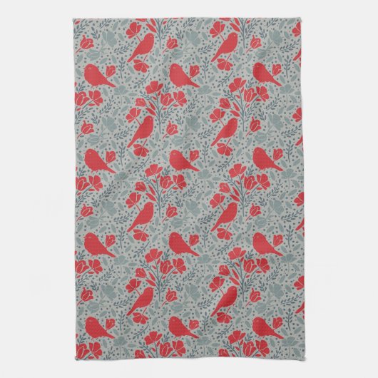 Blauwe & Rode Ditzy Bloemvogels Theedoek (Verticaal)