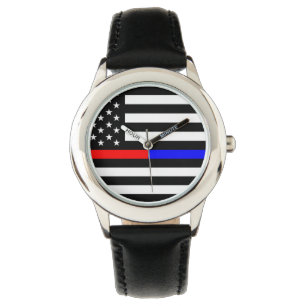 blauwe rode dunne lijn brandweerlieden symbool usa horloge